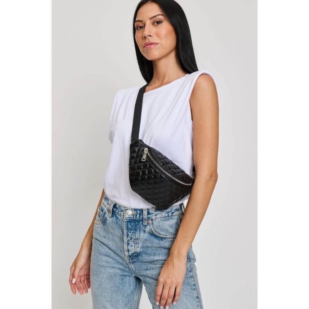 Moda Luxe - Ariana Belt Bag – Metallic Quilted Black Vegan Leather